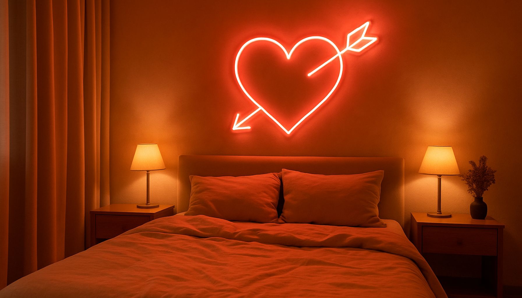 Sypialnia, neon z sercem