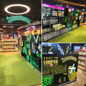 Neony LED i neon boxy z logo Żubrówka na stoisku promocyjnym na lotnisku — realizacja Ledeon
